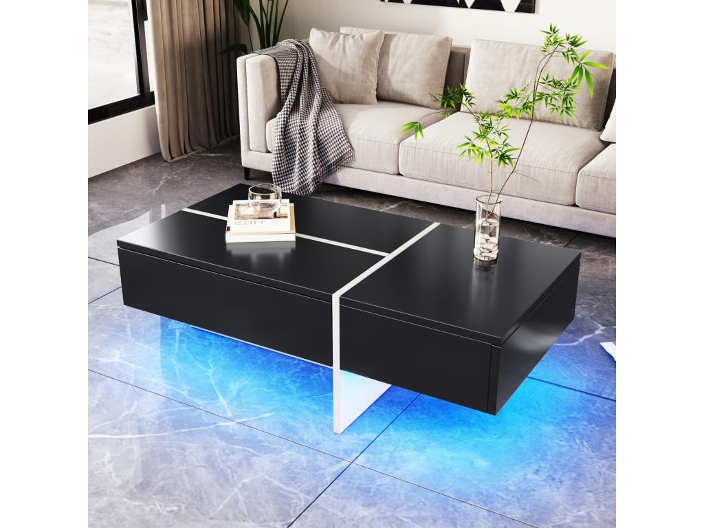 Table basse 3 tiroirs avec LEDs et App panneau de particule Noir et Blanc 100x50 x34.5cm DSXJ08725