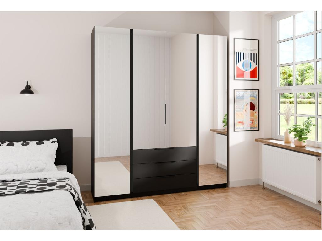 Armoire 4 portes avec miroirs et 3 tiroirs - 200 cm - noir- Domopure GBBI84210