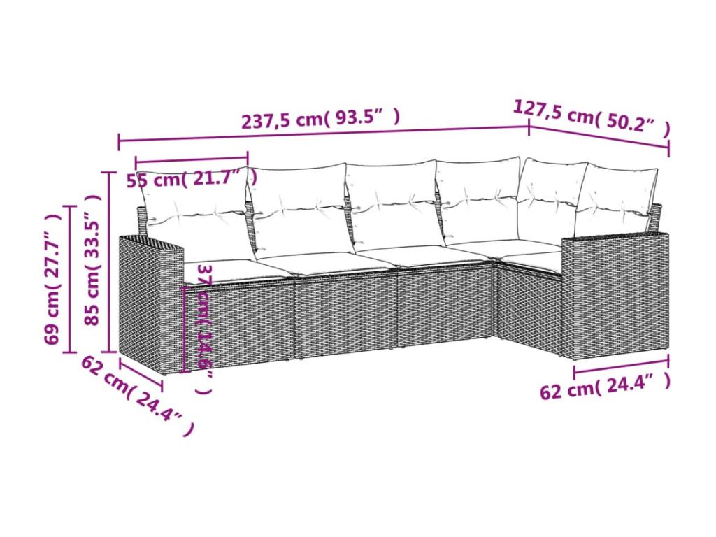 Salon de jardin avec coussins 5 pcs marron résine tressée ETWT79565