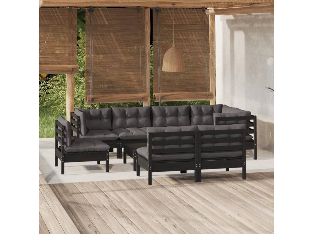 Salon de jardin 9 pcs avec coussins Noir Bois de pin massif PBQY73711