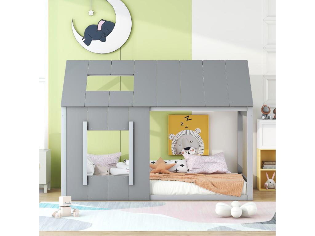 Lit cabane en bois de pin 90x200cm - lit enfant avec toit et fenêtre et sommier à Chicyla - Gris VLRB83361