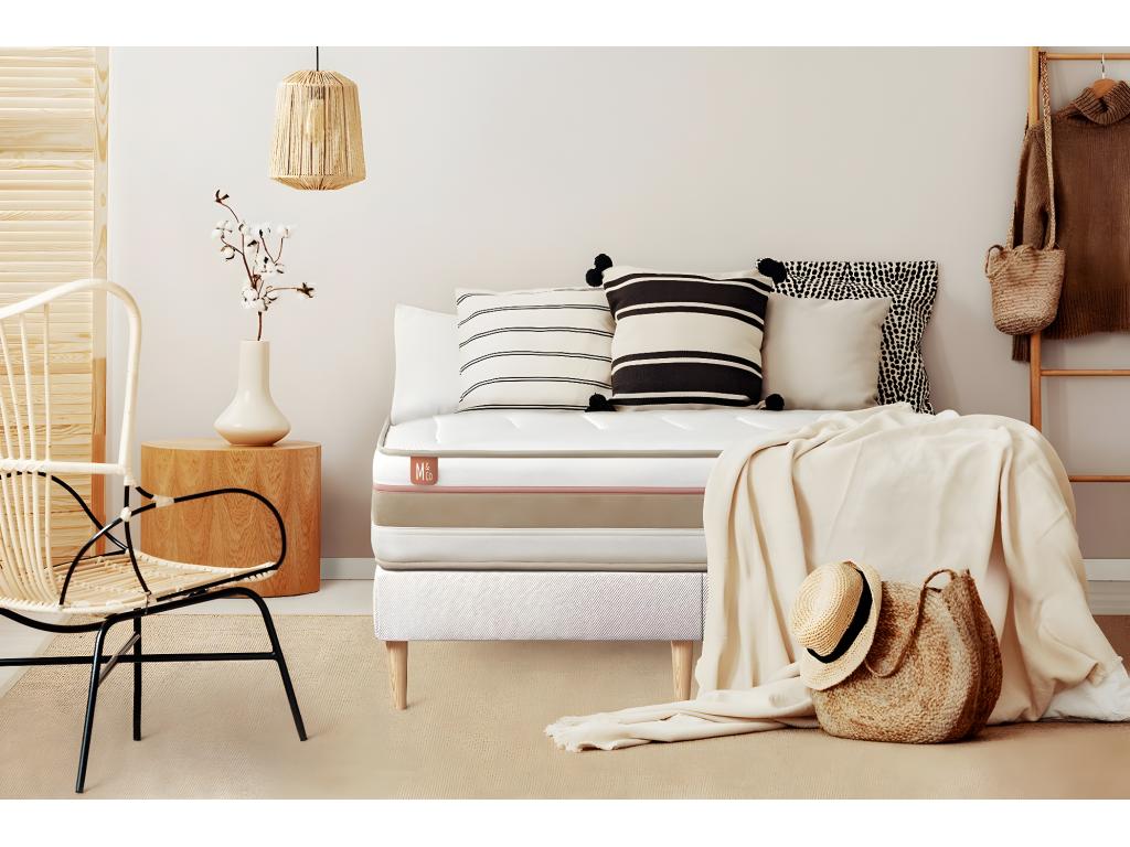 Ensemble LE TENDRE 160x200cm Ressorts ensachés Mémoire de forme 7 zones de confort - Ep- 28cm double sommiers Blanc WYKN00284