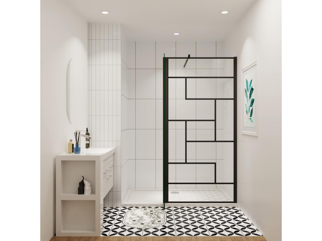 Chicyla paroi de douche industrielle noire 90x200cm avec un retour pivotant 40cm livré avec une barre de stabilisation 90cm IAKI26677