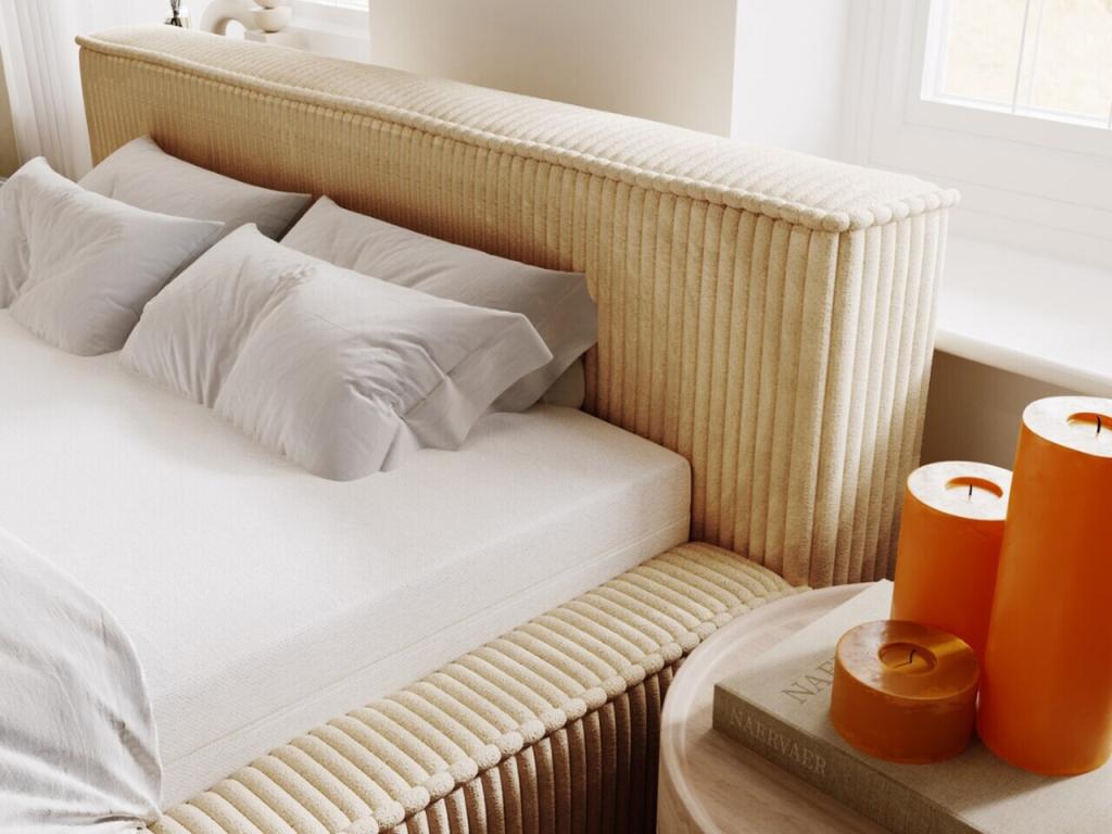 Lit rembourré avec rangement - 160x200 - lit double - côtelé - beige - Domopure SCST93065