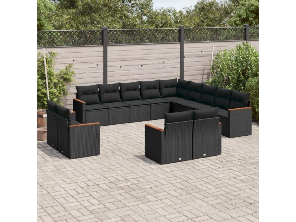 Salon de jardin avec coussins 13 pcs noir résine tressée PWTB69998