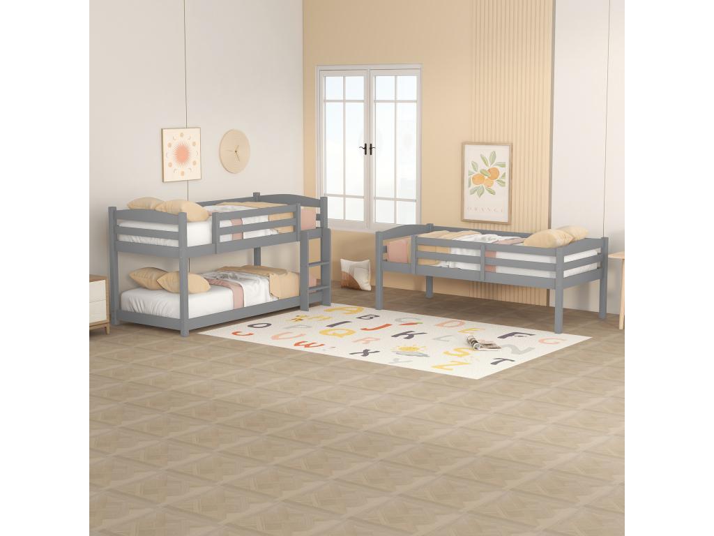 Lit superposé triple avec échelle et barrière de protection - 90x200cm - bois massif - Gris IFWD59910