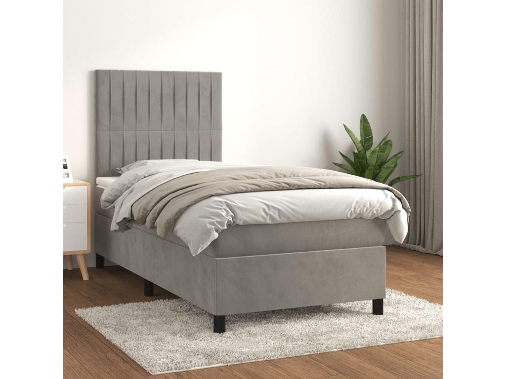 Lit à sommier tapissier et matelas Gris clair 100x200cm Velours GIID08302