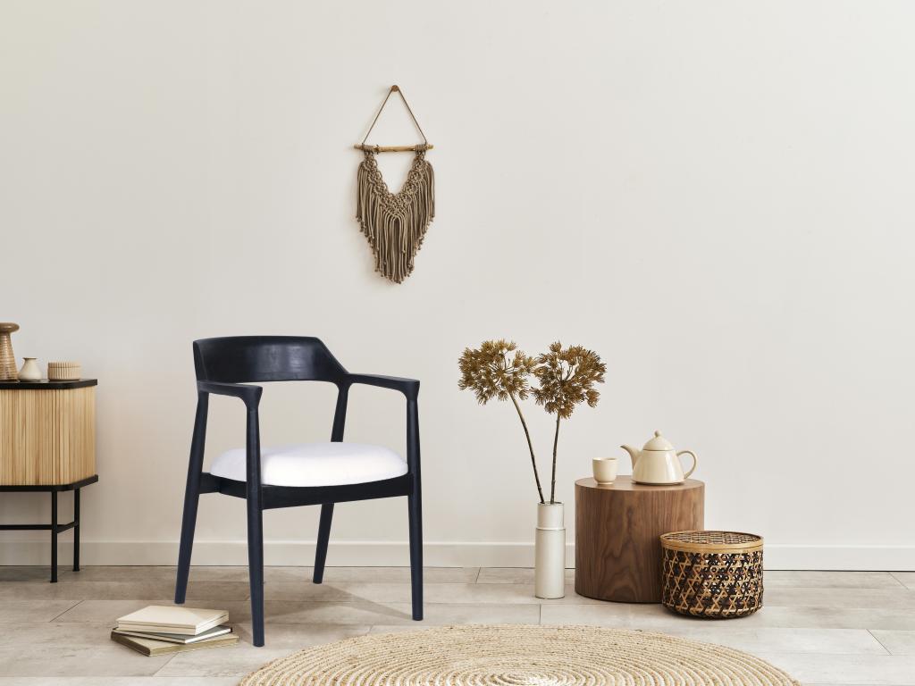 Lot de 6 chaises avec accoudoirs en teck et tissu bouclette - Noir et Blanc - Chicyla ELVY02687