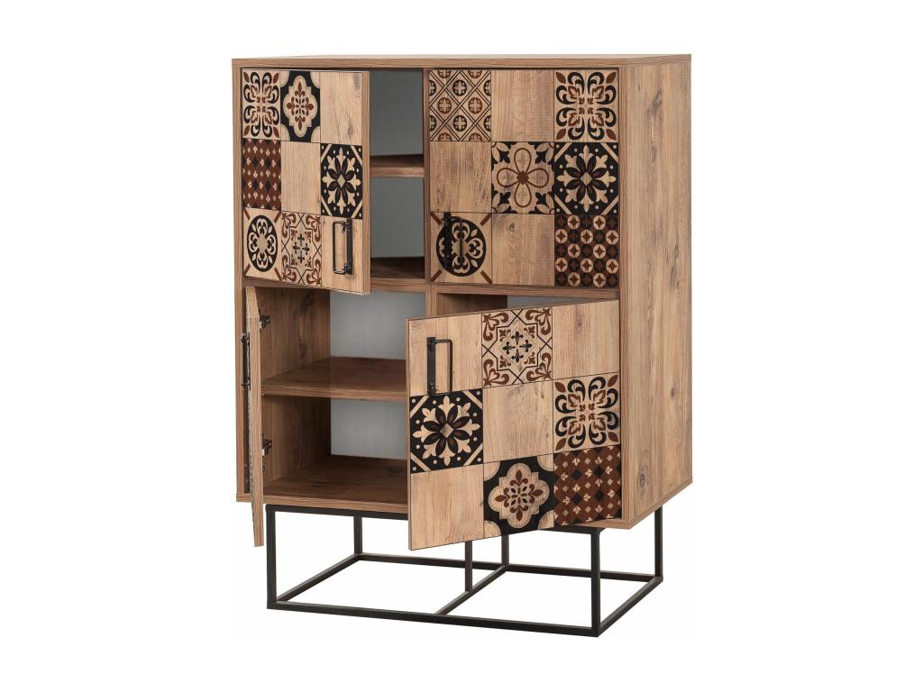 Buffet haut style industriel 4 portes Domopure Bois clair Motif Arabesque Marron et Noir TZGK85005