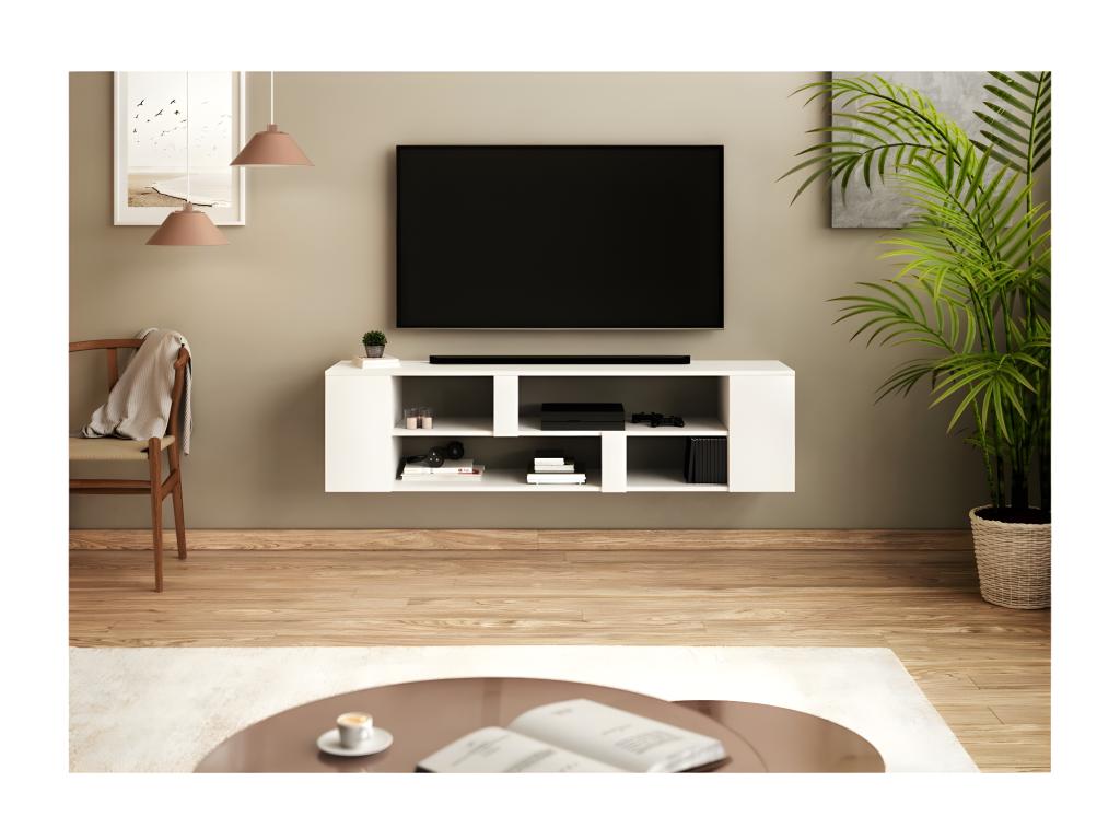 Meuble TV suspendu collection Domopure coloris blanc 155cm avec 6 niches BNFB00958