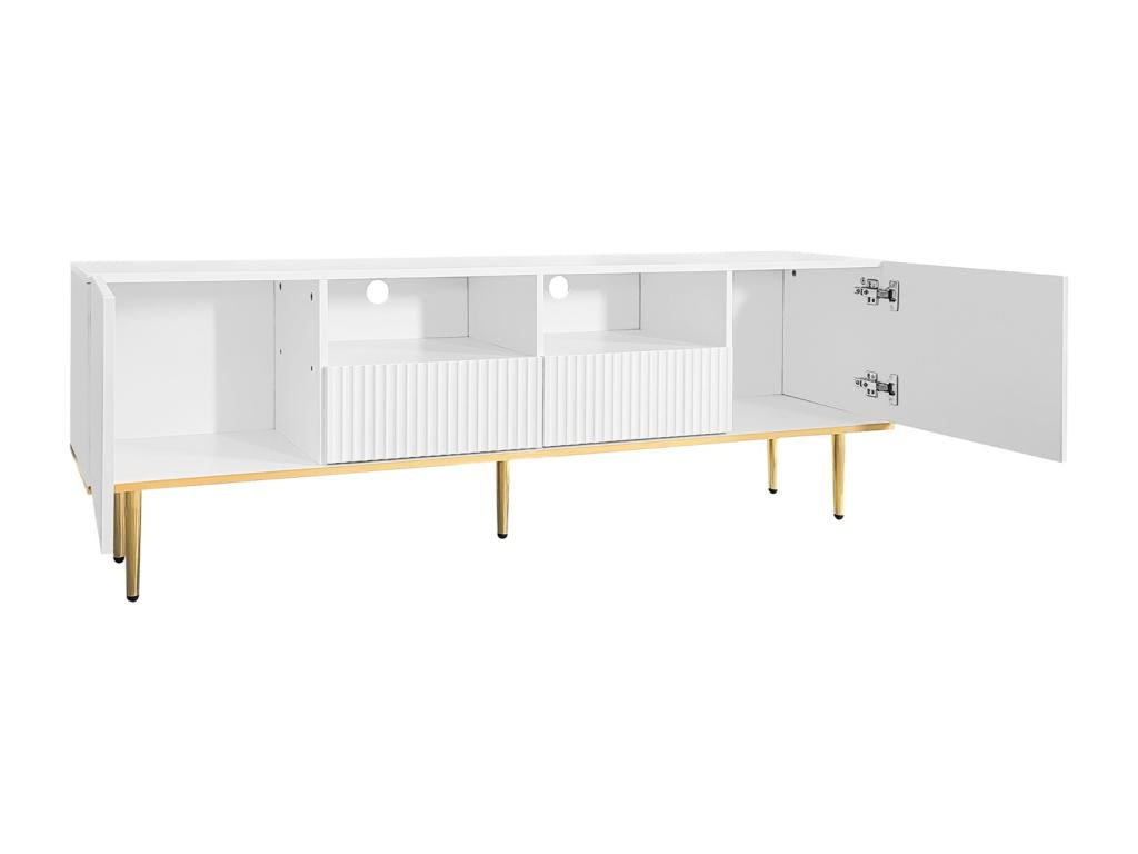 Meuble TV 165x36x55cm avec 2 portes 2 tiroirs et 2 compartiments pieds dorés et bord doré Blanc IJVL55133