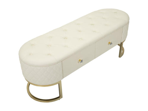 Banc en métal et simili cuir crème avec tiroirs 120x40x43 cm BTUK32934