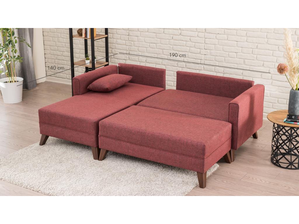 Petit canapé convertible d'angle gauche avec pouf tissu bordeaux Domopure 205cm TQNS80869