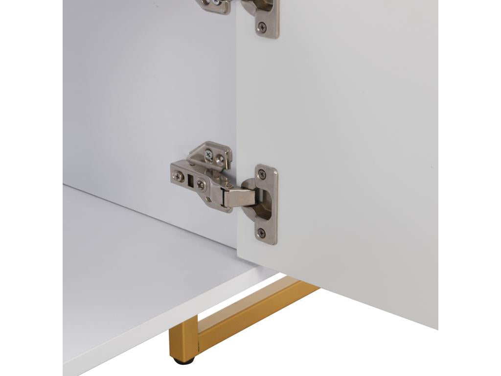 Meuble TV 175x30x46cm panneau bas avec porte texturée iroirs poignées dorées et pieds dorés blanc IOZU99328