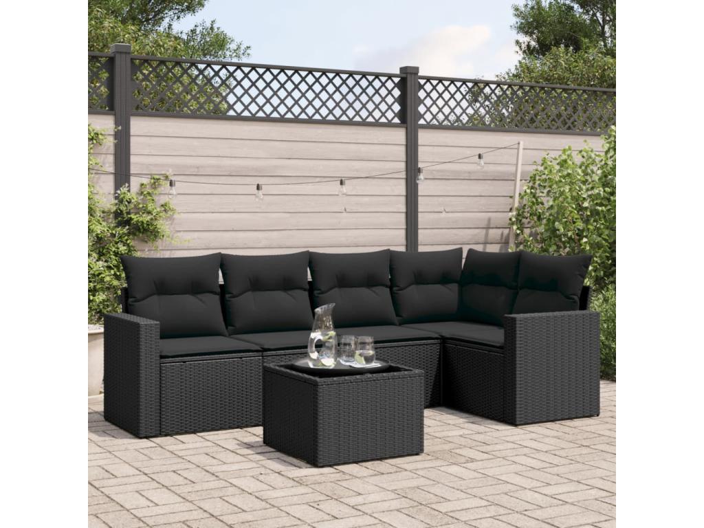 Salon de jardin 6 pcs avec coussins noir résine tressée WATY03554