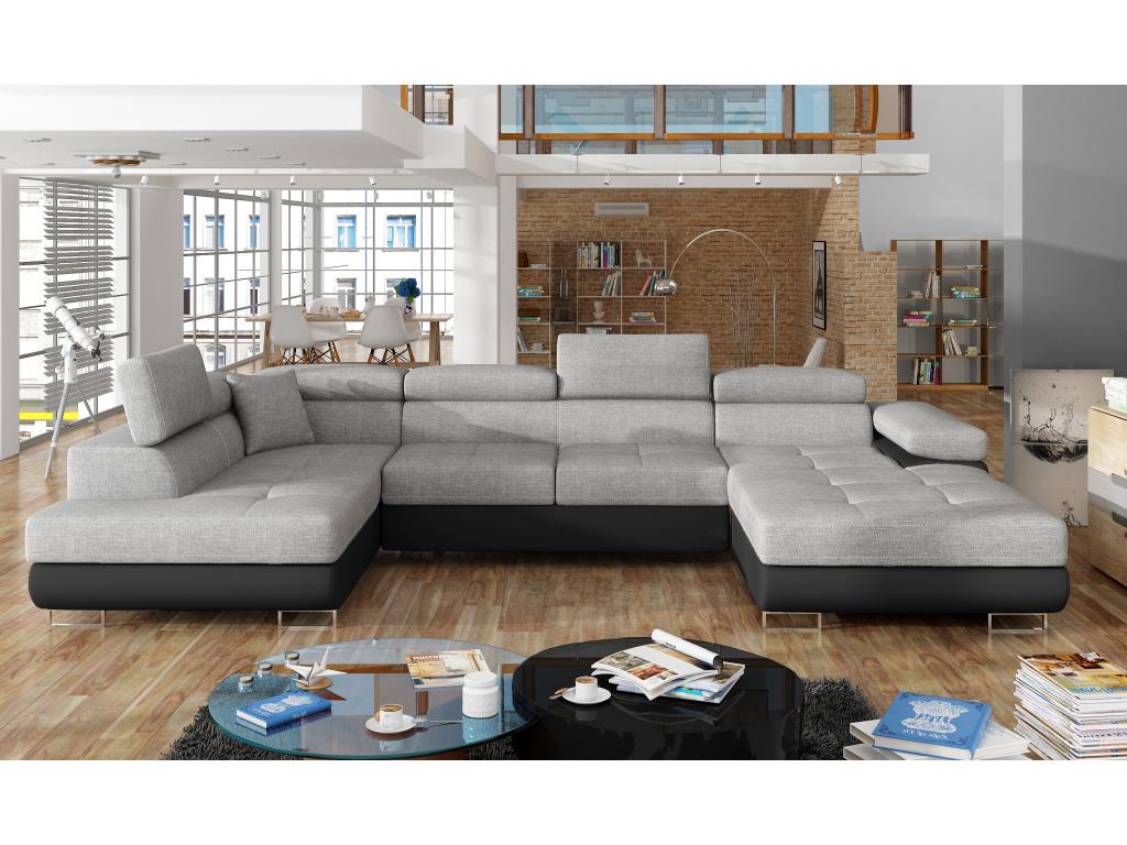 Canapé panoramique tissu gris clair et simili cuir noir convertible avec coffre de rangement Domopure 345cm-Coffre de rangement à gauche CRIN53443