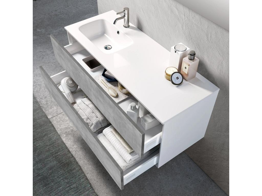 Ensemble meuble de salle de bain 2 tiroirs laqué blanc et effet béton et miroir à LED Domopure L 120cm AVFR30210