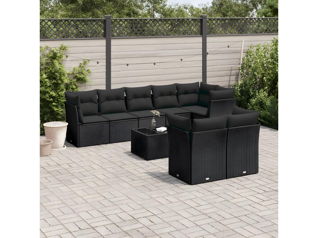 Salon de jardin 9 pcs avec coussins noir résine tressée ARND40991
