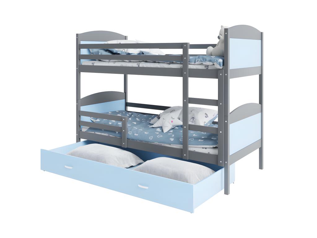 Lit Superposé Domopure 90x190 Gris - bleu Livré avec sommiers tiroir et matelas en mousse de 7cm PPYL85474