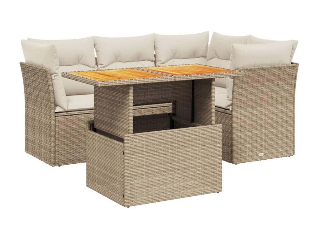 5-piece garden furniture set with cushions, beige woven resin YWXP01249
