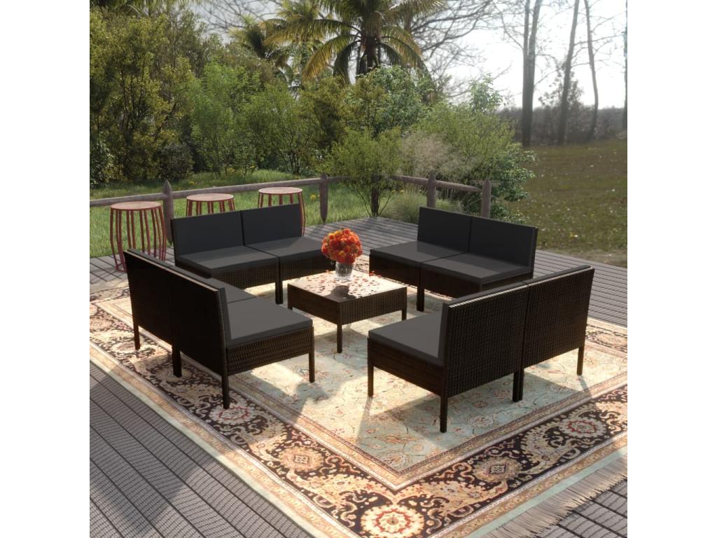 Salon de jardin 9 pièces avec coussins Résine tressée Noir BFKK59795