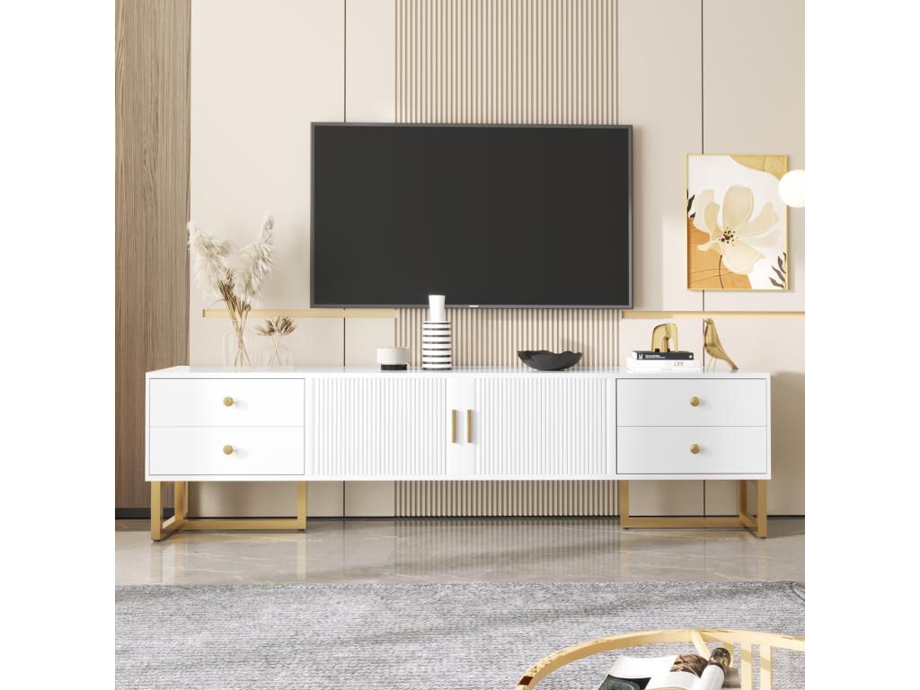 Meuble TV 175x30x46cm panneau bas avec porte texturée iroirs poignées dorées et pieds dorés blanc IOZU99328