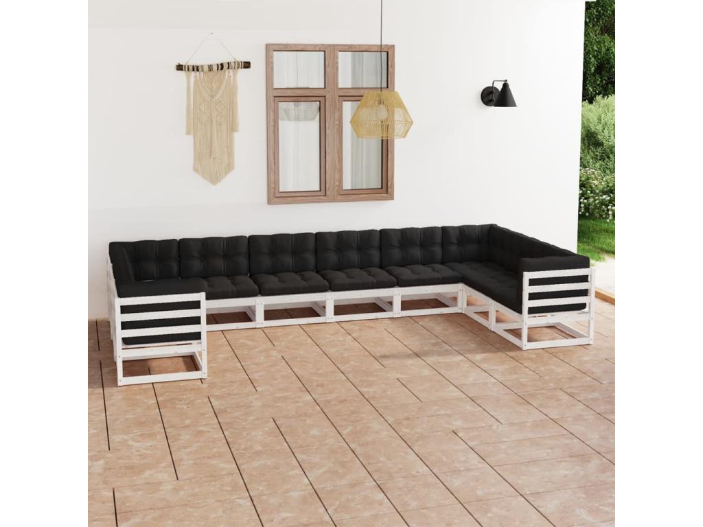 Salon de jardin 10 pièces avec coussins Blanc Bois de pin massif WGCC22322