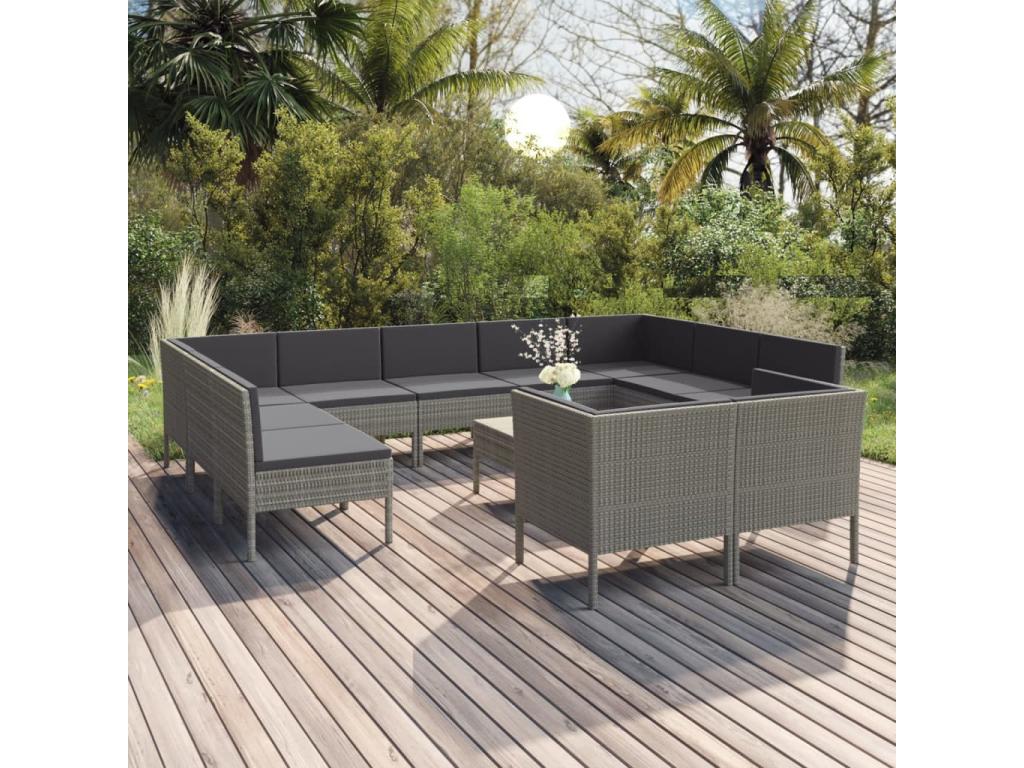 Salon de jardin 12 pcs avec coussins Résine tressée Gris KOFV90775