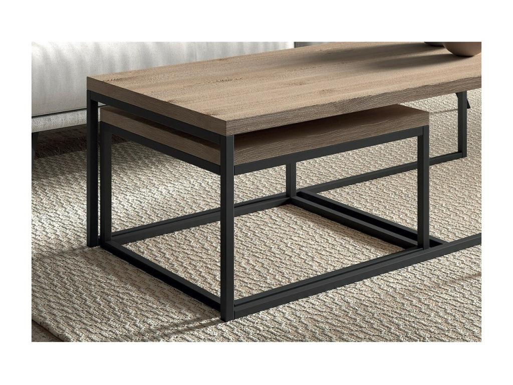 Table d'appoint style industriel Domopure effet vieux chêne - Table basse - Ensemble 3 pièces ZKSJ93420